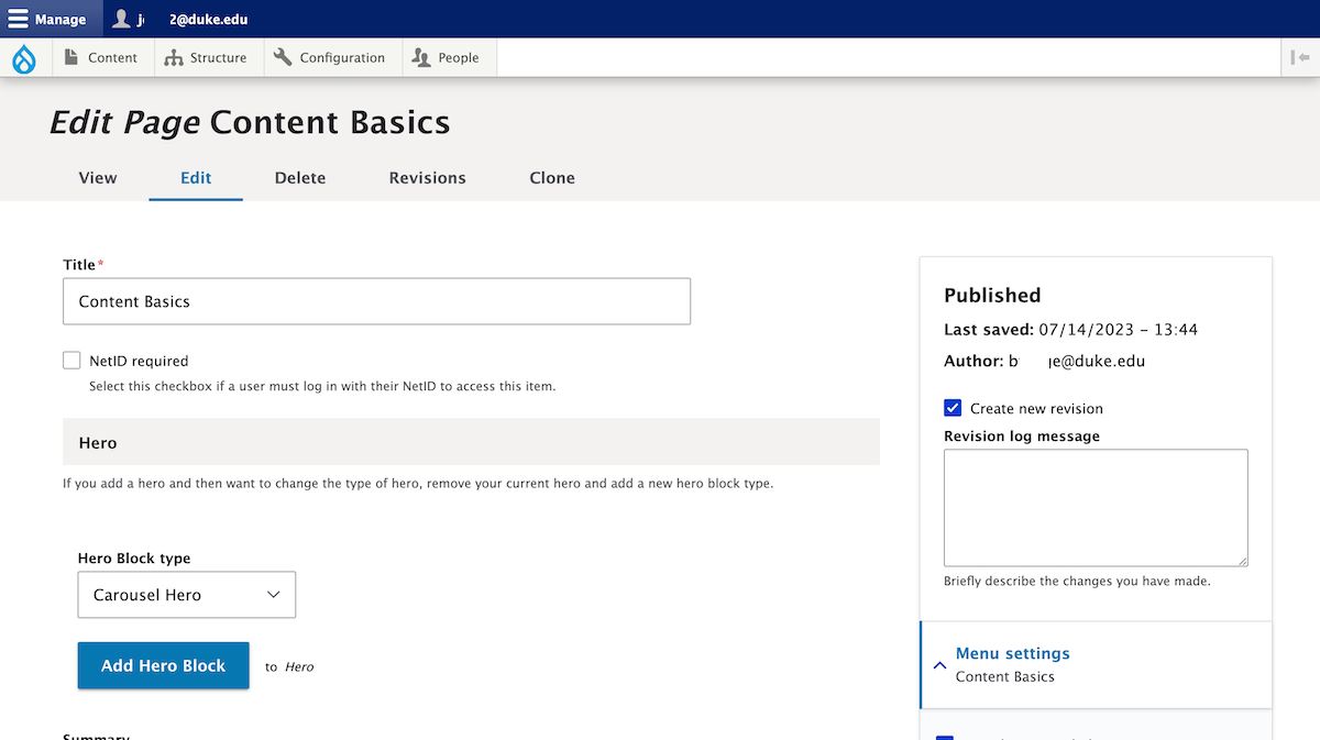 Edit screen for Content Basics webpage
