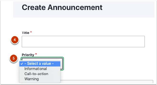 Screenshot of Title and Priority fields on Creating an Announcement page