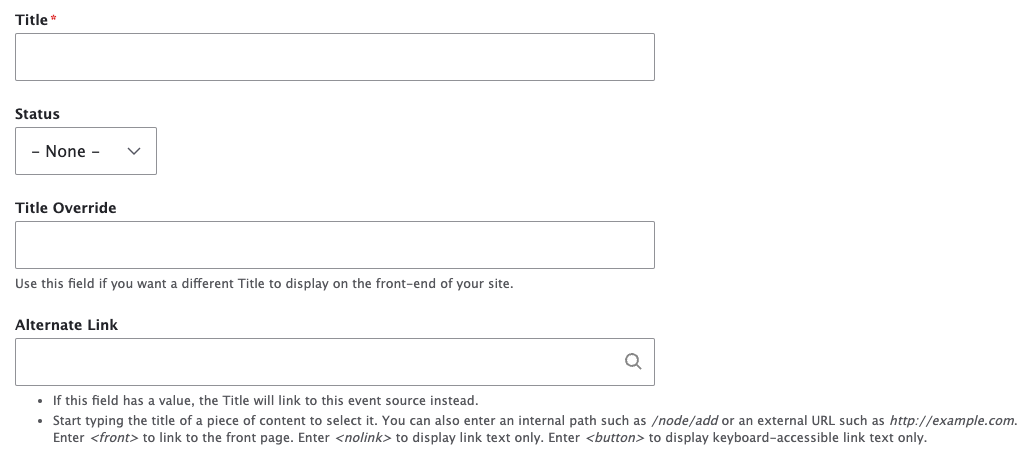 The first four fields on the user interface to manually add Events in Sites@Duke Pro