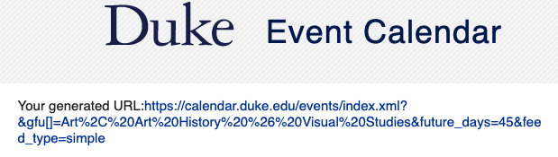 Screenshot of generated URL for Duke Event Calendar feeds