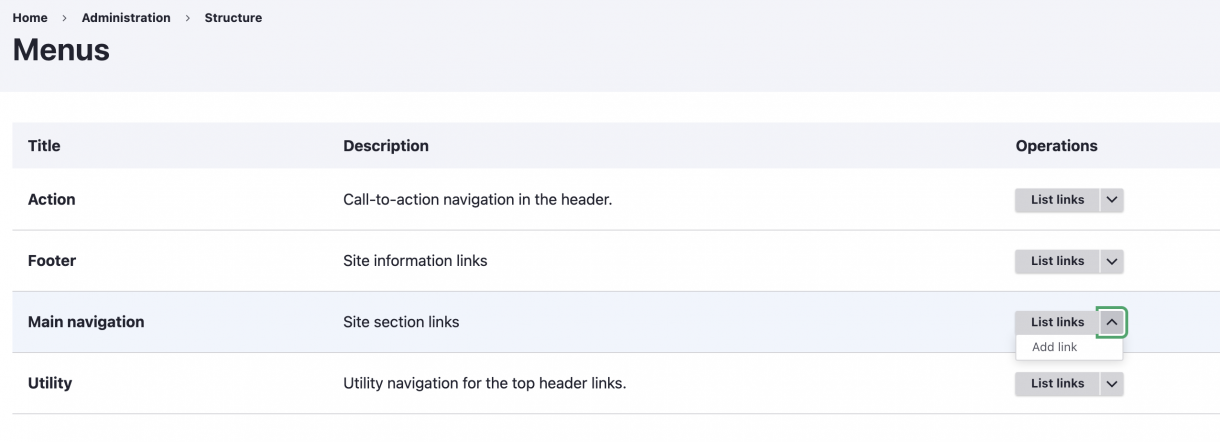 Screenshot of five menu options, Action, Footer, Main navigation, and Utility.