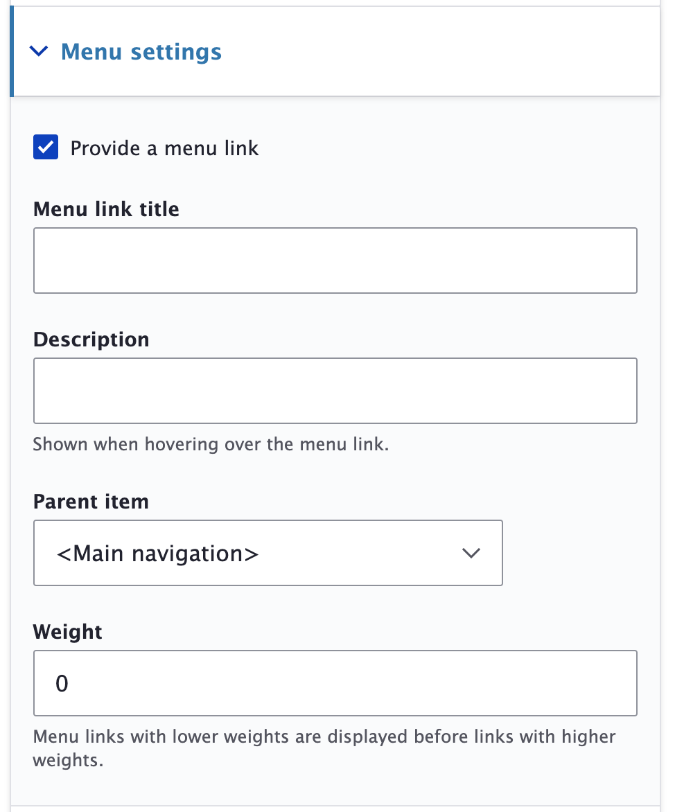 Screenshot of fields in Menu settings panel