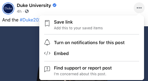 Screenshot showing embed option for a Facebook post