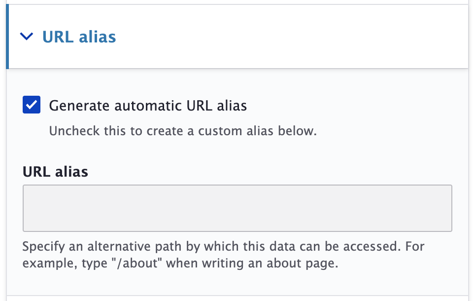 Screenshot of URL Alias panel with the generate automatic url alias checkbox and url alias text field.