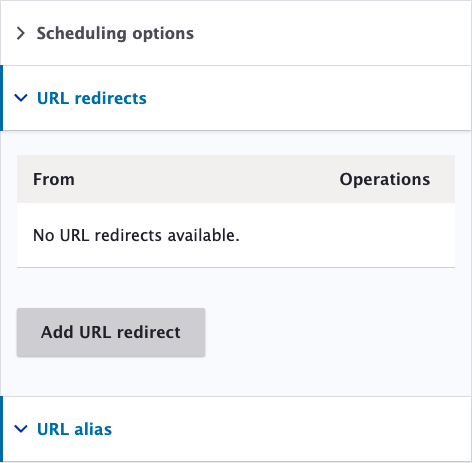 Screenshot of URL Redirects panel with Add URL redirect button.