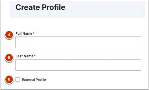 Screenshot of Create Profile with Full name, Last name fields and External Profile checkbox.