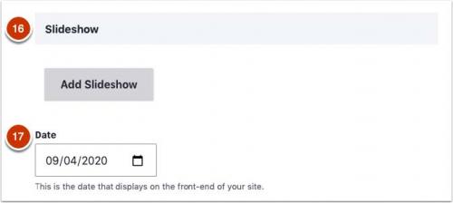 Screenshot of Add Slideshow button and Date field.