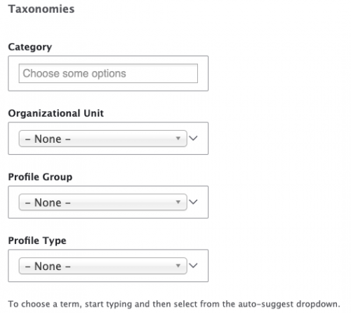Screenshot of Organizational unit, Profile group, Profile type autosuggest dropdown menus.