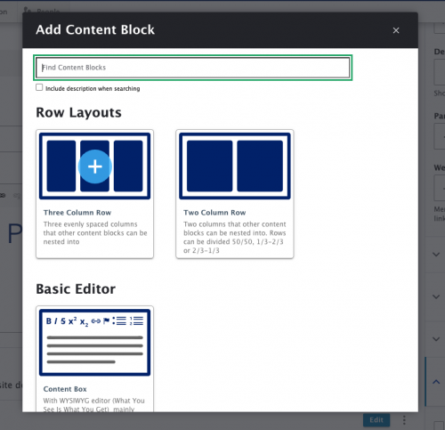 Add Content Block modal window showing the list of available content blocks for users to select from