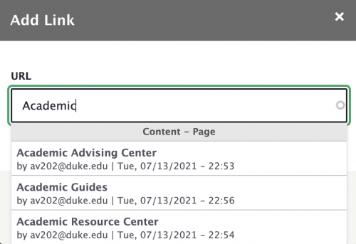 Screenshot of link field in WYSIWYG editor showing how auto-suggest works for internal links