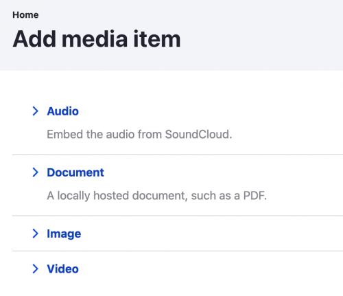Screenshot of Add media item options: Audio, Document, Image, or Video