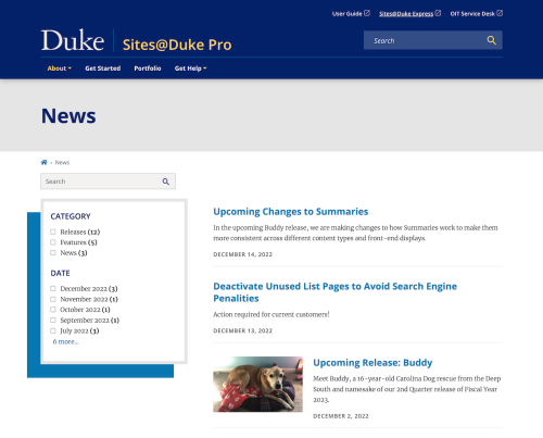 Sites@Duke Pro webpage titled News, displaying a filterable list of News items
