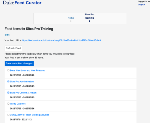 Picture of the back-end interface for Feed Curator