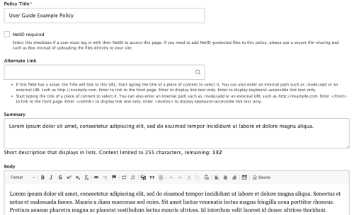 User interface to edit Policy content, including fields for the Policy Title, Summary, and Body